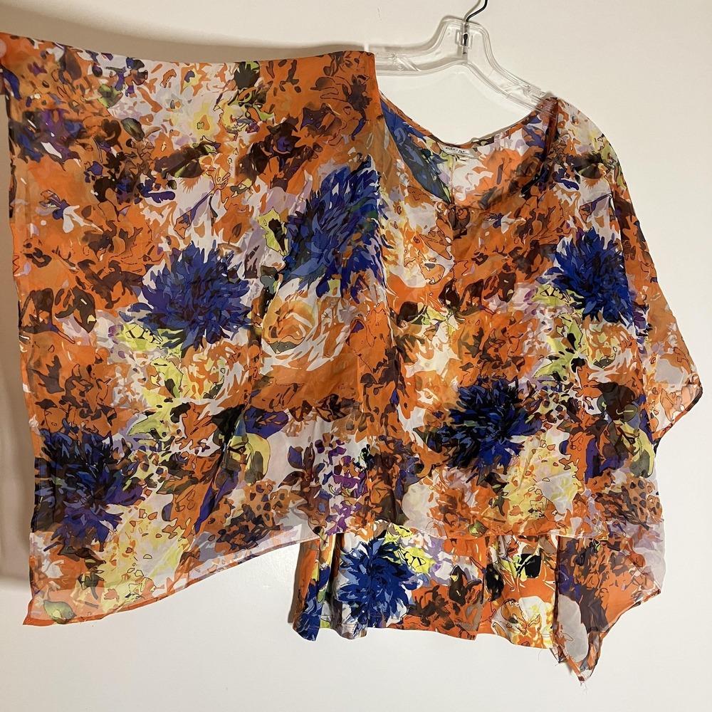 Beige by eci Blouse Womens Medium Orange Multi Floral Sheer Poncho Top 2 Piece M - Picture 4 of 16